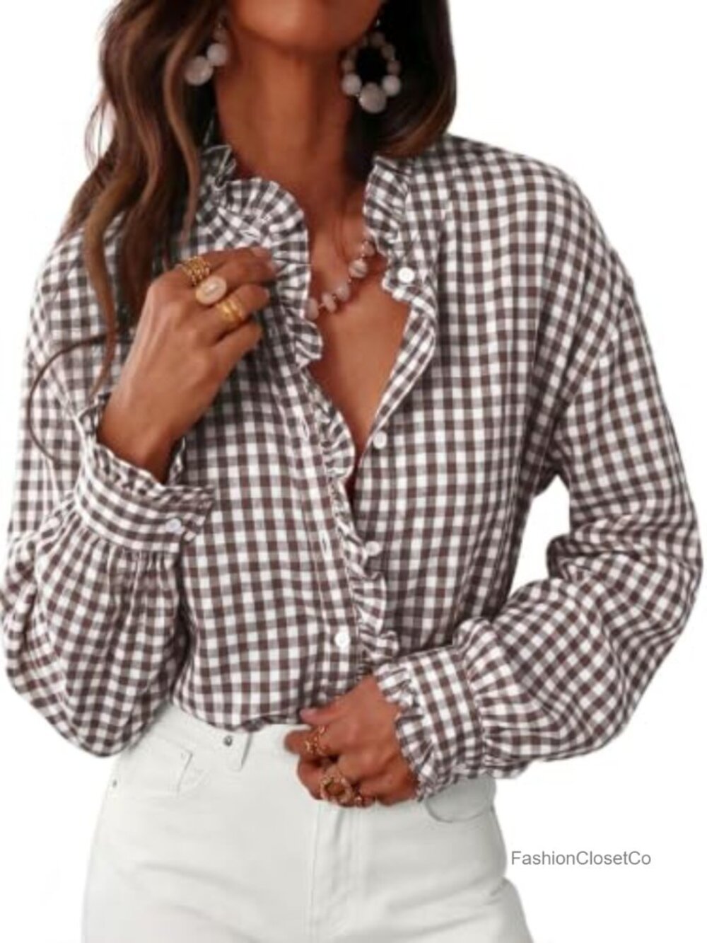 Women's Plaid Button Down Shirt Ruffle Long Sleeve Gingham Top